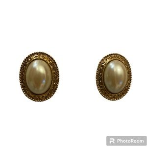 Earrings, faux Pearl centered inside gold setting